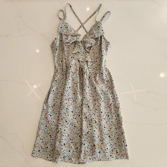 BCBG Y2K Sz M Blue Babydoll Mini AOP Confetti Ruffles Stretch Dress Pockets Chic - Picture 1 of 10